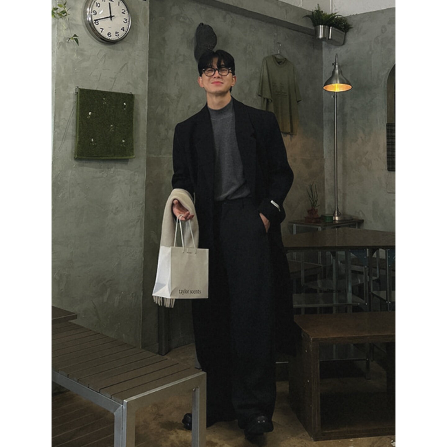 MRDONG韩国代购男装廓袖标高档形翻领羊毛混纺长款秋冬潮流大衣