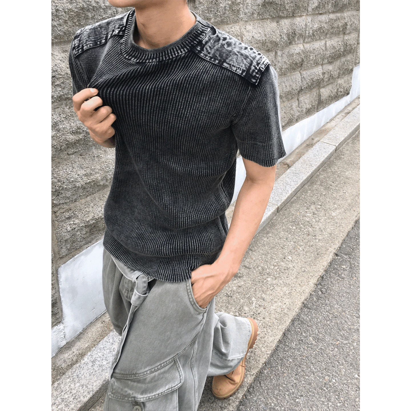 MRDONG韩国代购东大门男装肩章罗纹针织褪色水洗短袖T恤复古修身