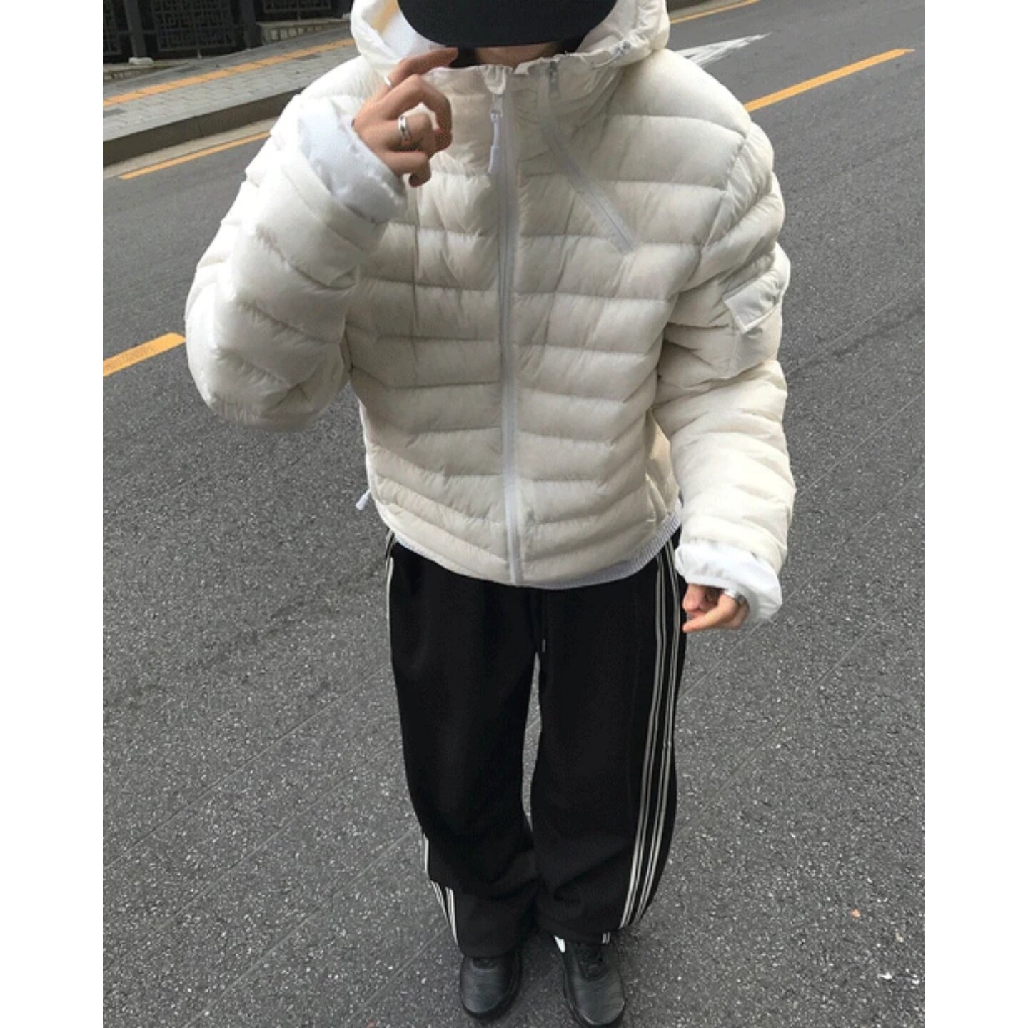 MRDONG韩国代购东大门男女轻量排骨纹拉链连帽羽绒服宽松夹克外套