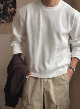 MRDONG韩国代购男装LAINE华夫格高密棉质圆领宽松简约长袖T恤