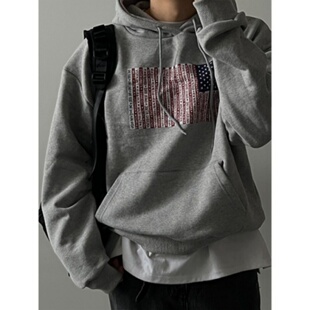 MRDONG韩国代购男装美式旗帜印花帽衫宽版插肩复古街头卫衣春季款
