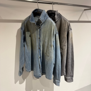 韩国代购男装直播BALLOW重工做旧油洗翻领春阔版小众牛仔衬衫外套