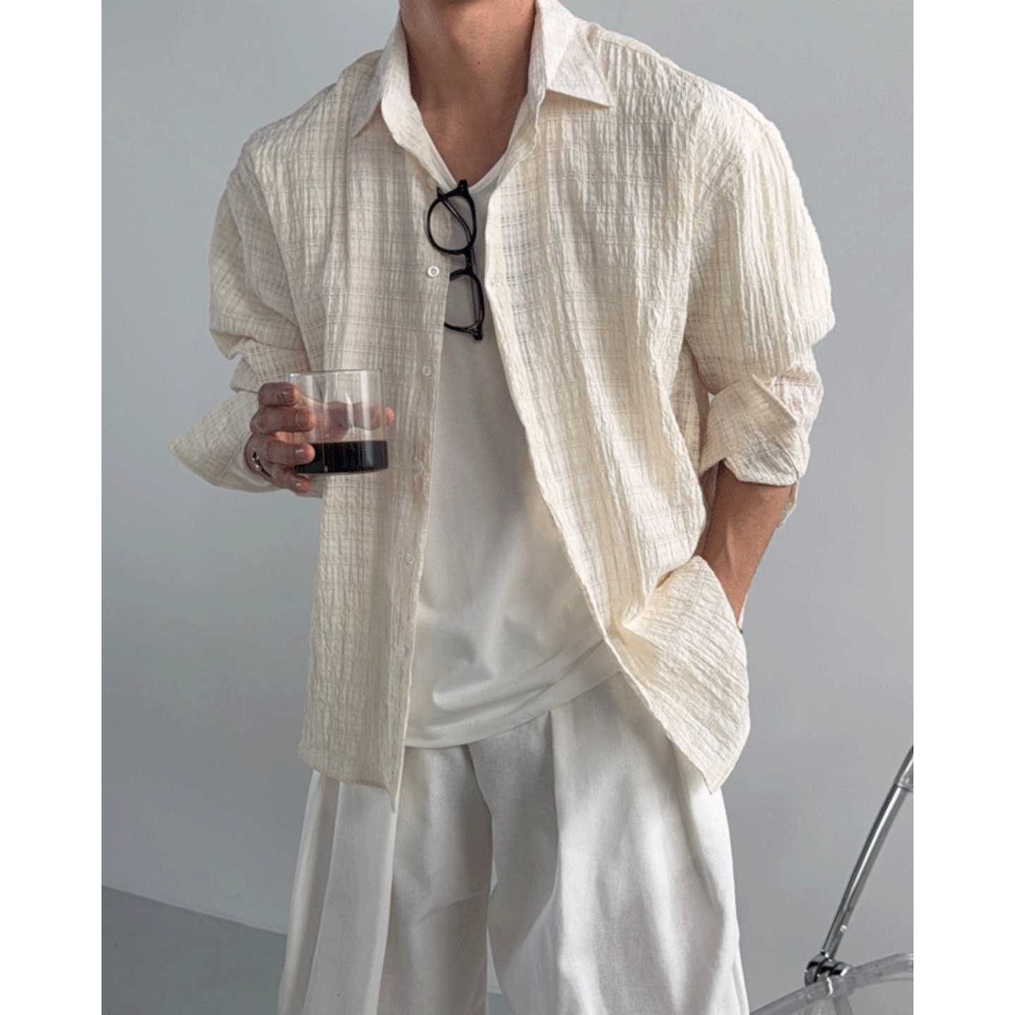 MRDONG韩国代购东大门男装方格泡泡纱衬衫夏季复古宽松薄气质感款