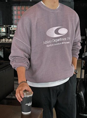 MRDONG韩国代购男装颜料水洗字母印花卫衣宽松圆领复古长袖潮感款