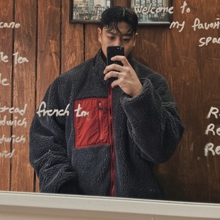 街头风格 羊羔绒拼色拉链宽松保暖棉外套冬季 男装 MRDONG韩国代购