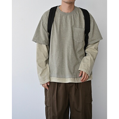 韩国代购重磅水洗口袋假两件T恤