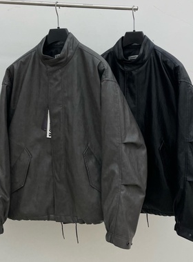 韩国男装代购直播SLOWER立领机能掐褶层次感高档阔版PU皮棉服外套