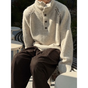 插肩针织衫 直播own可翻立领半开系扣混羊毛短款 毛衣 代购 韩国男装