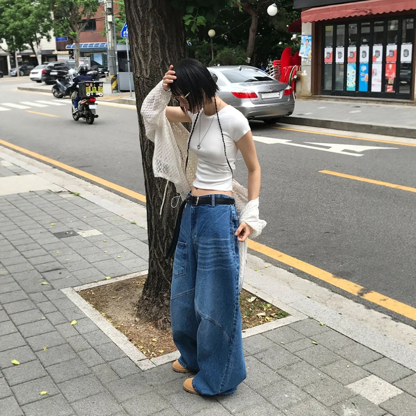 韩国代购压线阔腿褶皱纹理牛仔裤
