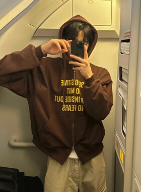 MRDONG韩国代购男装正能量字母印花连帽拉链卫衣复古街头气质外套