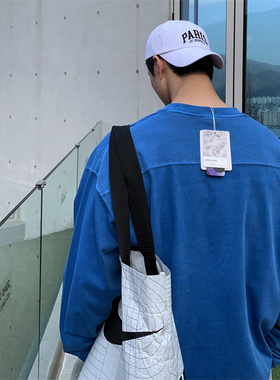 韩国男装代购直播LAINE设计师轻薄防晒水洗重工拼接线宽松长袖T恤