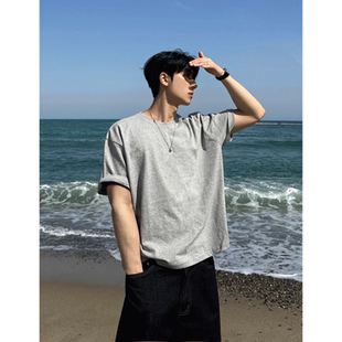 MRDONG韩国代购东大门男装夏季纯色克罗普宽松短袖T恤设计师轻奢