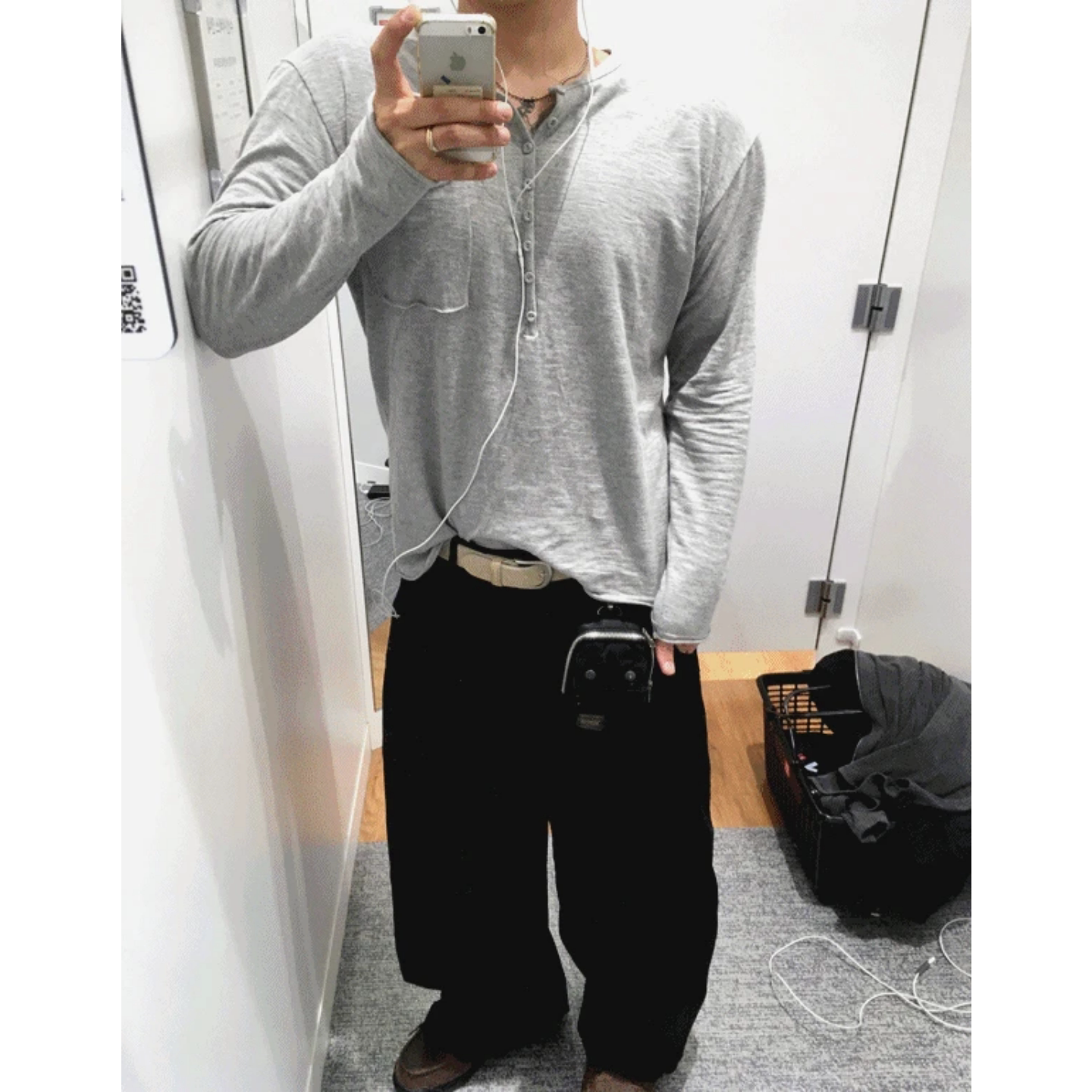 MRDONG韩国代购东大门男装半开排扣亨利领卷边单口袋时尚长袖T恤