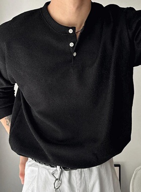 MRDONG韩国代购男装纹理亨利领宽松针织长袖打底内搭复古上衣T恤