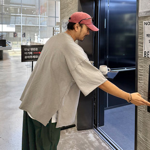 MRDONG韩国代购男装12Gauge水洗毛边宽松短袖侧开慵懒气质T恤潮