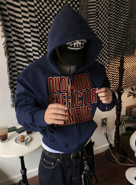 MRDONG韩国男装代购街头潮流短款英文贴布绣双向拉链连帽卫衣外套
