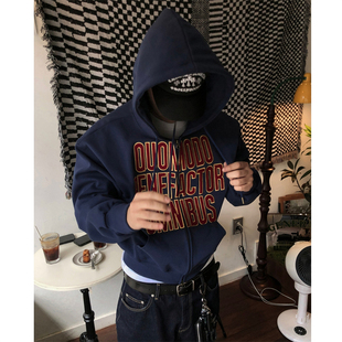 MRDONG韩国男装代购街头潮流短款英文贴布绣双向拉链连帽卫衣外套