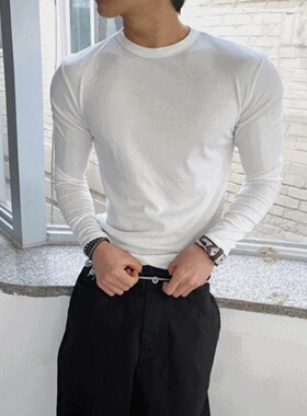 MRDONG韩国代购男装修身圆领长袖打底长袖T恤极简气质贴身弹力