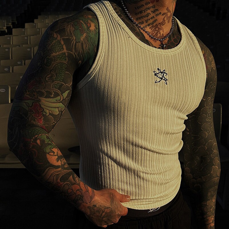 MRDONG韩国代购男装东大门背心LOGO弹力竖条纹理运动休闲T恤夏