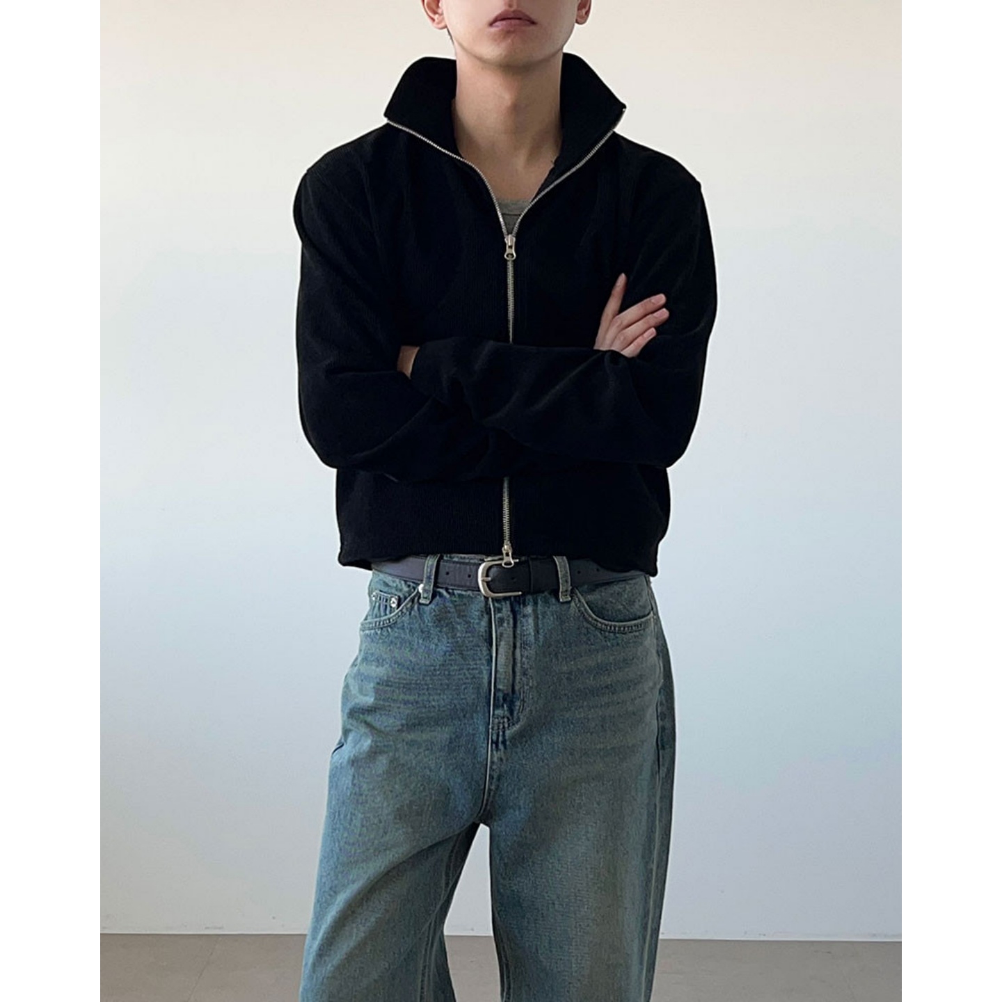 韩国男装灯芯绒螺纹针织立领外套