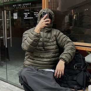 MRDONG韩国男装代购高品轻量鸭绒半开拉链连帽排骨纹理套头羽绒服