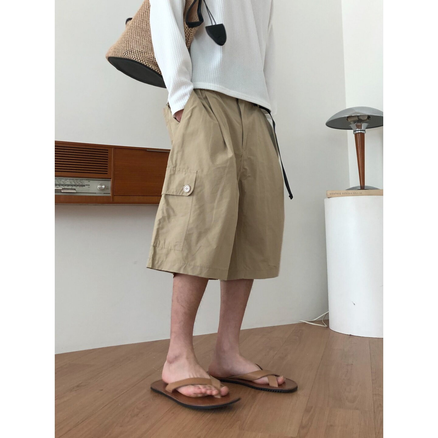 MRDONG韩国代购东大门男装工装腰带阔版百慕大分短裤设计师宽松