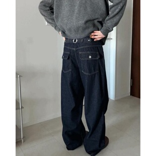 MRDONG韩国代购男装暗色牛仔拼接曲线气球裤宽松廓形垂坠重工设计