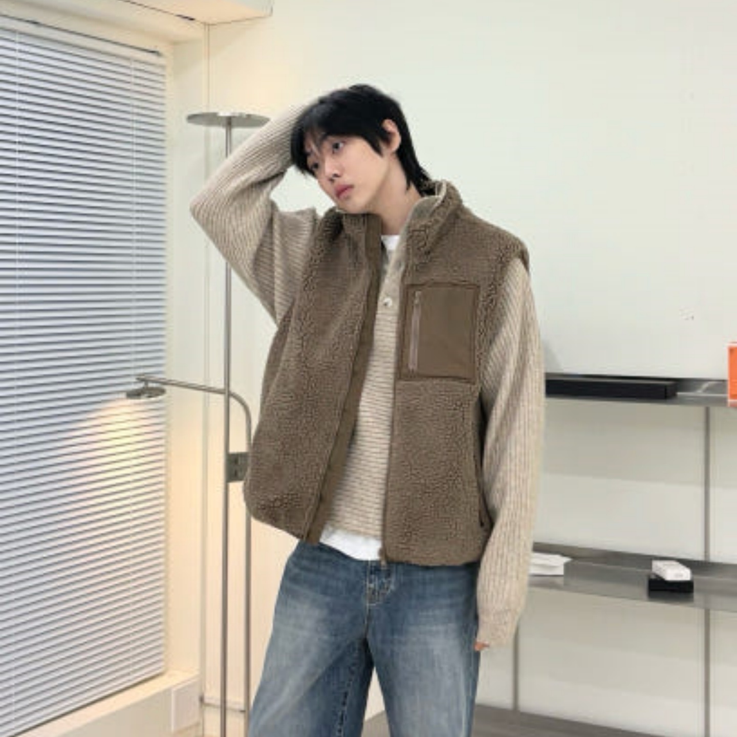 韩国男装摇粒绒工装风拼接马甲