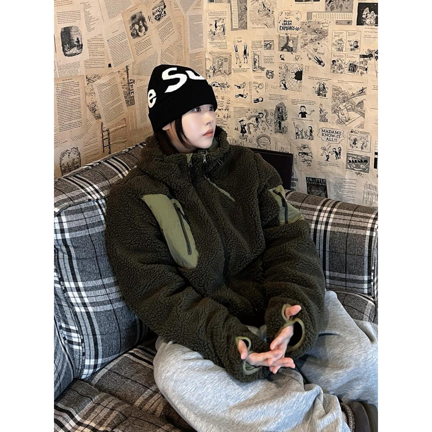 MRDONG韩国代购男女罗彻摇粒绒夹棉连帽拼色外套机能口袋拉链防寒