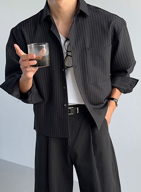 韩国男装代购直播N.FLOOR设计师短款时尚单口袋高品宽松长袖衬衫