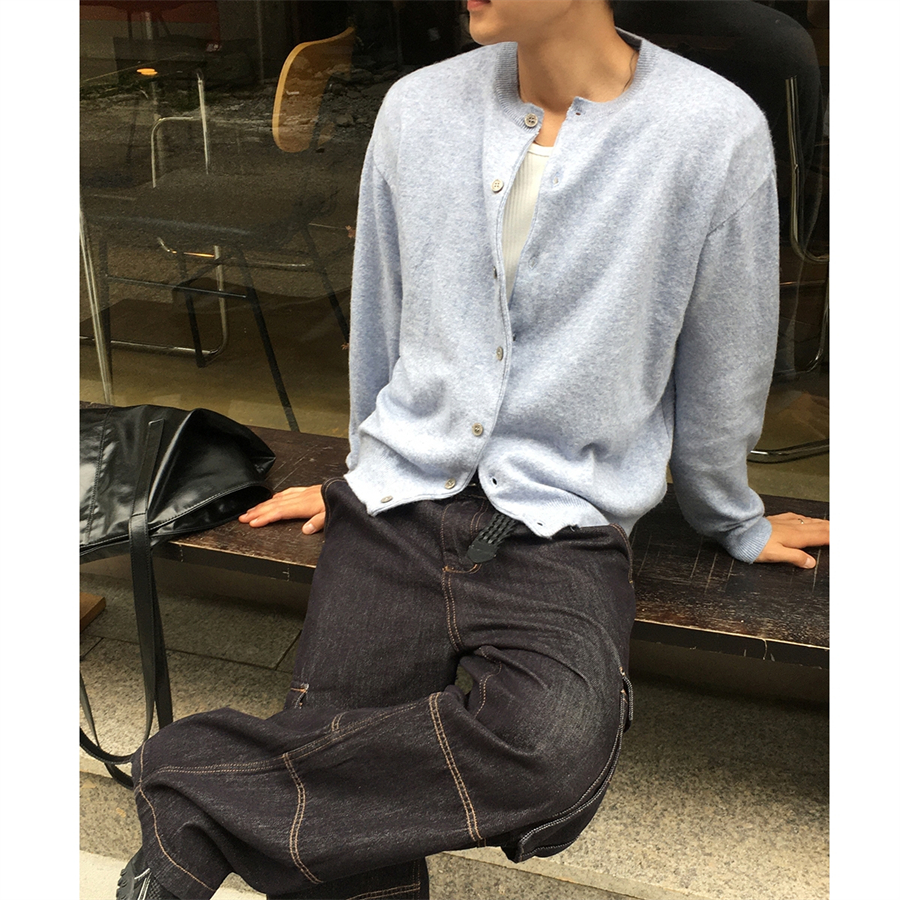 韩国男装混羊毛圆领绒感针织开衫
