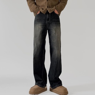 MRDONG韩国代购男装深色水洗宽版直筒复古牛仔裤高腰垂感耐穿硬朗