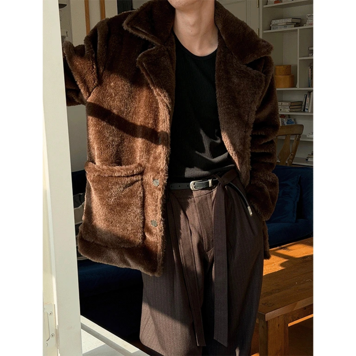 MRDONG韩国男装代购轻奢风设计师仿皮草外套翻领西服版型毛绒外套