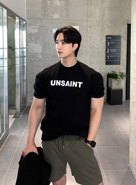 韩国男装代购直播RAVE纯棉高品螺纹圆领爆裂字母印花宽松短袖T恤