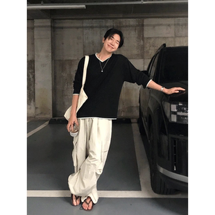 MRDONG韩国代购东大门男装亚麻薄款拼色V领针织防晒衫宽松长袖T恤