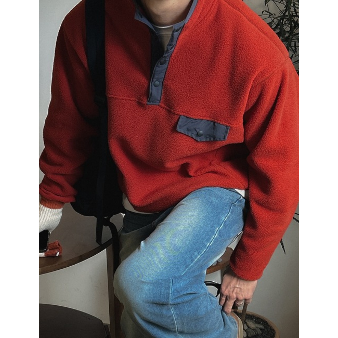 MRDONG韩国男装代购撞色包边立领半开按扣摇粒绒插袋宽松套头卫衣