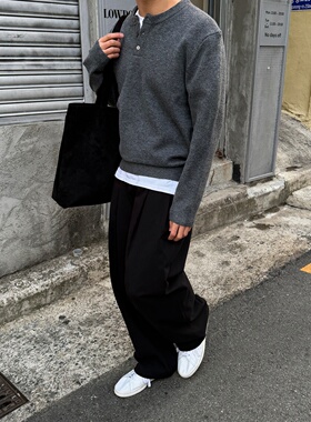 MRDONG韩国代购男装简约亨利领针织衫柔软亲肤宽松百搭长袖毛衣