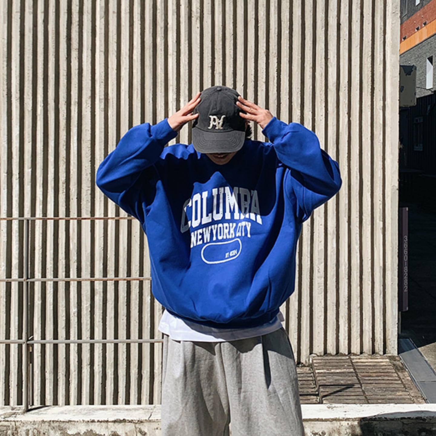 韩国男装落肩阔版英文复古风卫衣