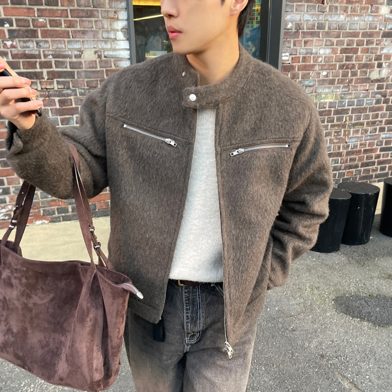 韩国男装秋冬按扣圆领毛呢夹克