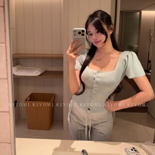 气质修身 韩版 方领泡泡袖 短款 女 十三行KIYOMI2026夏季 针织衫 新款