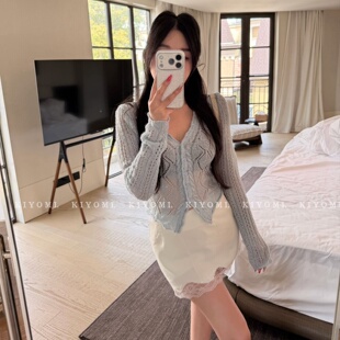 针织衫 十三行KIYOMI2026春季 长袖 纯欲辣妹镂空V领亮片短款 女 新款