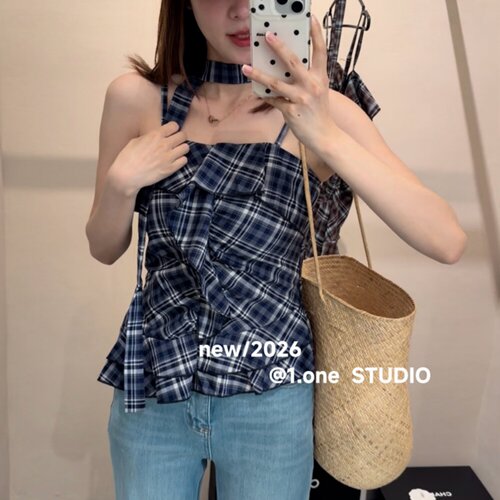 韩版复古格子吊带背心女
