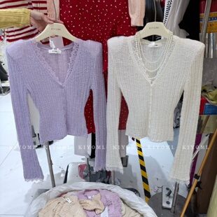 新款 针织衫 韩版 长袖 女 气质蕾丝花边V领短款 十三行KIYOMI2026春季