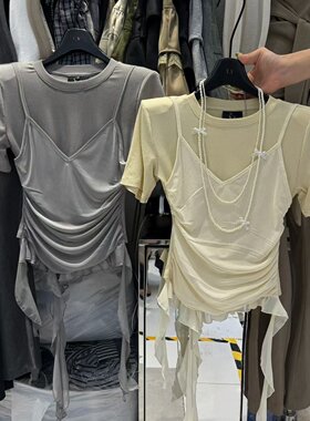 韩版气质圆领假两件短袖T恤女