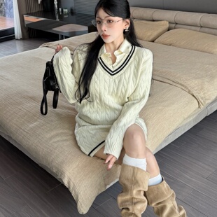 ALA2026秋季新款老钱风假两件衬衫领麻花毛衣女显瘦半身裙两件套