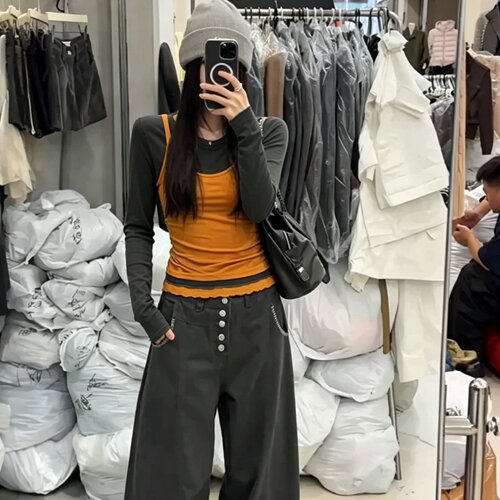 韩版圆领假两件长袖T恤女