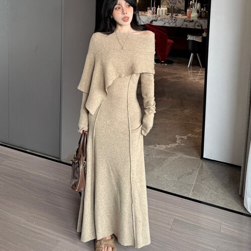 纯欲辣妹一字领长袖针织连衣裙女
