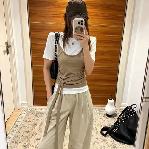 涤纶套头圆领假两件短袖T恤女