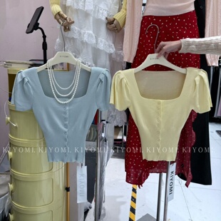 气质方领泡泡袖 韩版 针织衫 女修身 上衣 KIYOMI2026夏季 排扣短款 新款