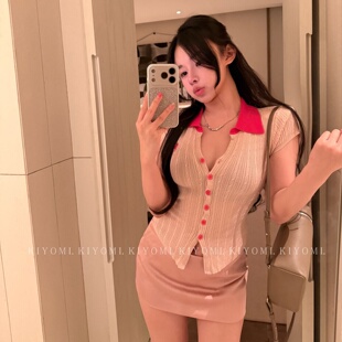 短款 韩版 撞色修身 显瘦翻领短袖 女 十三行KIYOMI2026夏季 针织衫 新款